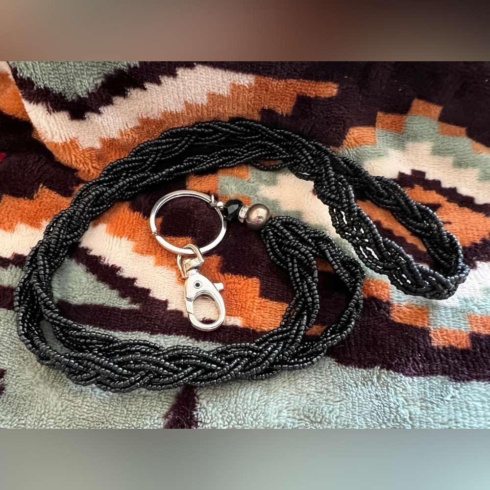 ❤️ Braided Lanyard Black Seed Beads Southwestern Native Ethnic Tribal